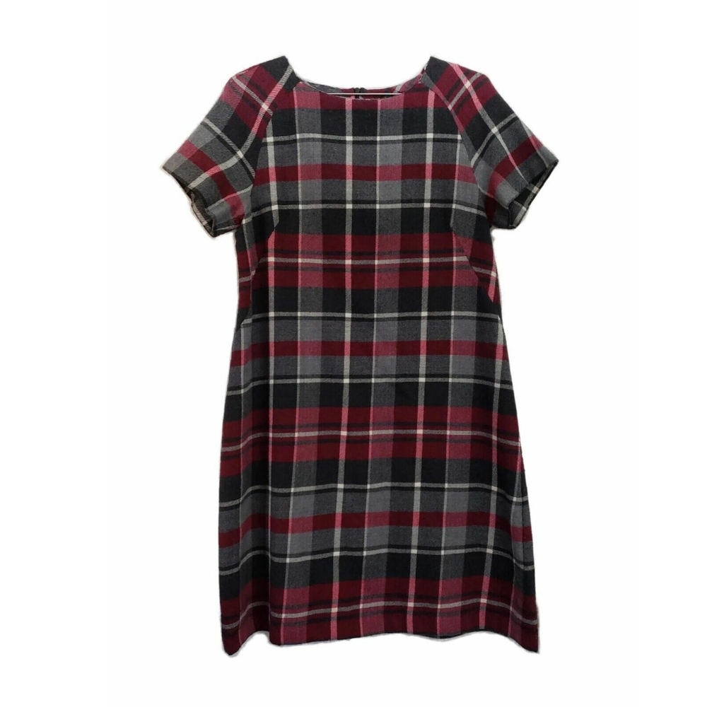 Pietro Brunelli Milano Italy Gray Maroon Plaid Bateau Wool Shift Dress Academia